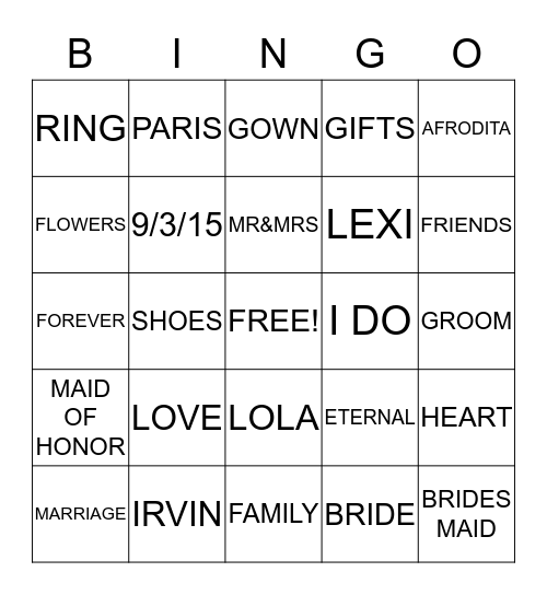 AFRODITA'S BRIDAL SHOWER Bingo Card