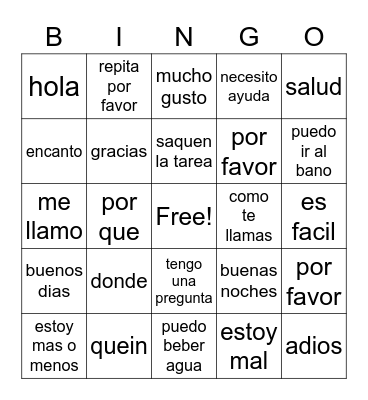Spanish Common Phrases Bingo Card