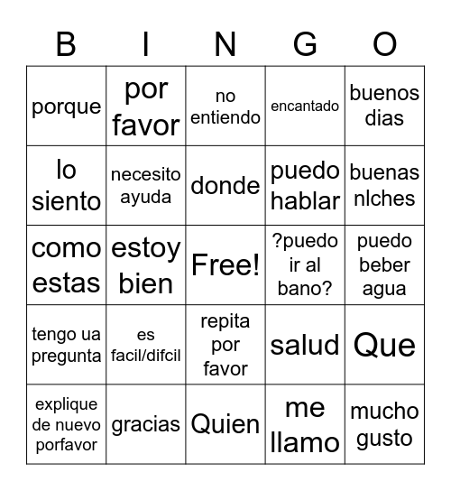 spanish common phrases Bingo Card