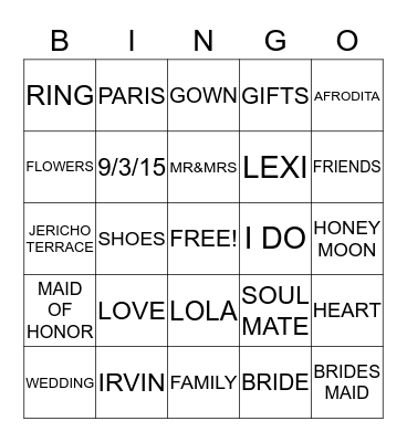 AFRODITA'S BRIDAL SHOWER Bingo Card