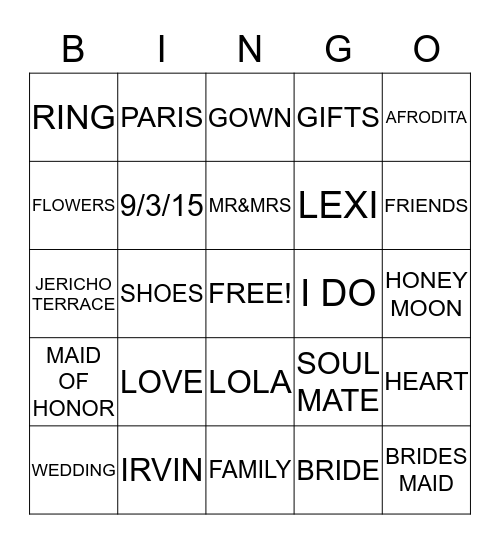 AFRODITA'S BRIDAL SHOWER Bingo Card