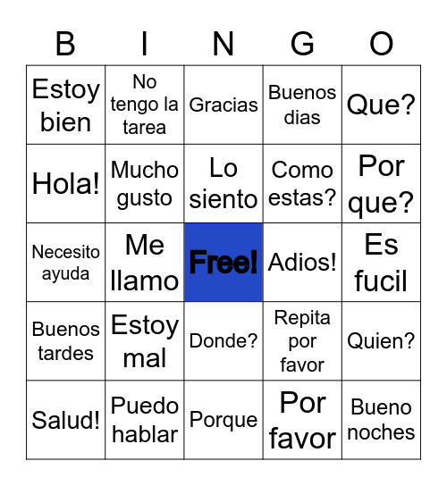 Spanish phrases Bingo Card
