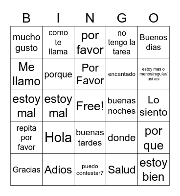 Spanish Common Phases Bingo Card