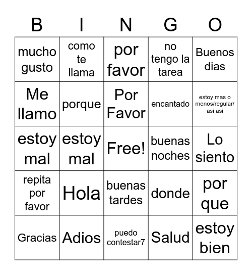 Spanish Common Phases Bingo Card