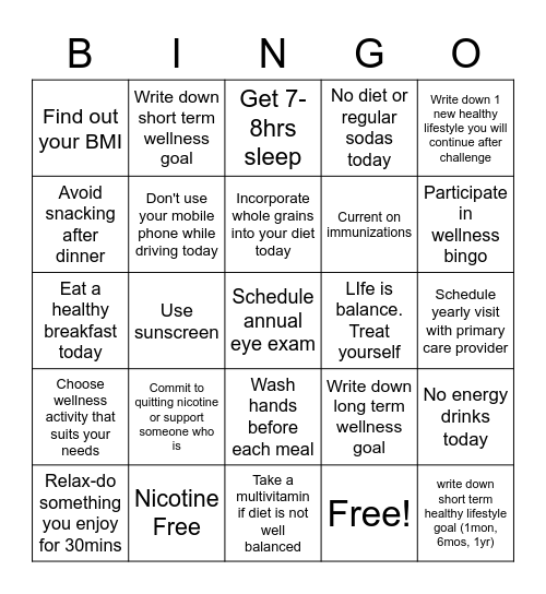 Wellness Bingo-Week 4 Overall Health & Wellness Bingo Card