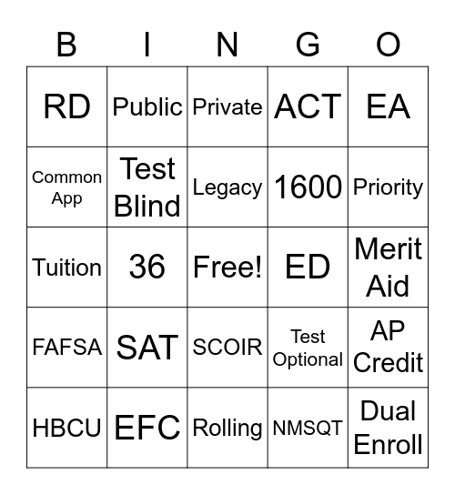 College Bingo Card