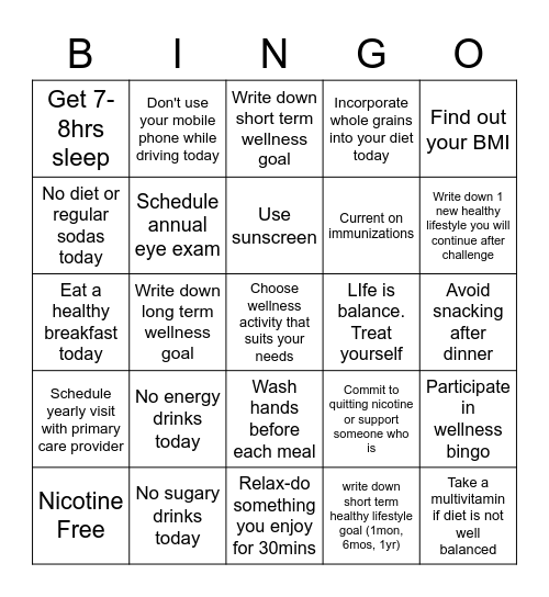 Wellness Bingo-Week 4 Overall Health & Wellness Bingo Card