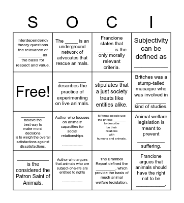 Animals and Human Society Bingo Card