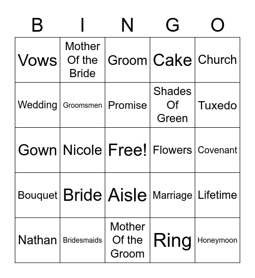 Nicole's Bridal Bingo Card