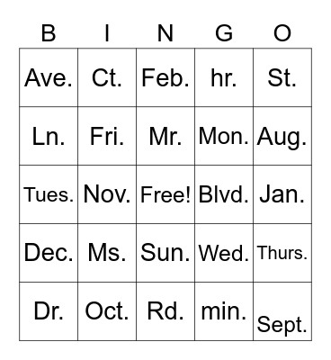 2nd Grade Abbreviations Bingo Card