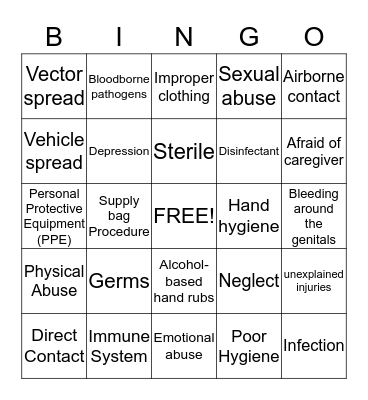 Infection Control and Bloodborne Pathogens and Elder Abuse and Neglect Bingo Card