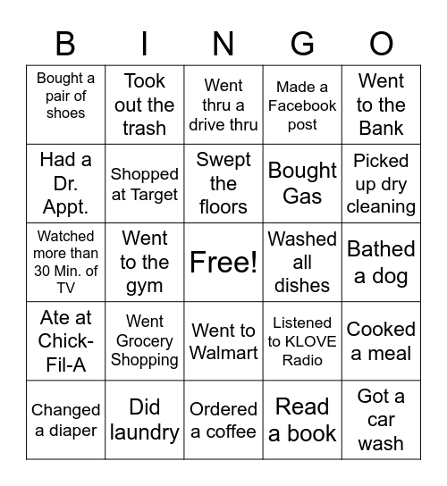 Daily Task Bingo Card