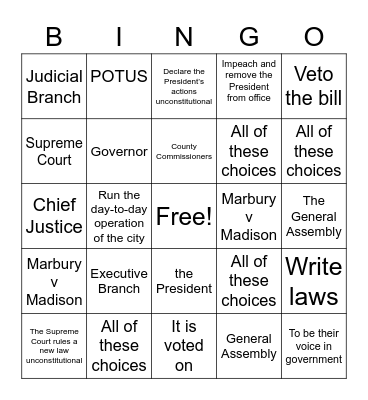 Module 2 Post Assessment Review Civics Bingo Card