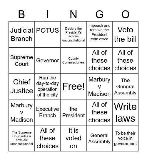 Module 2 Post Assessment Review Civics Bingo Card