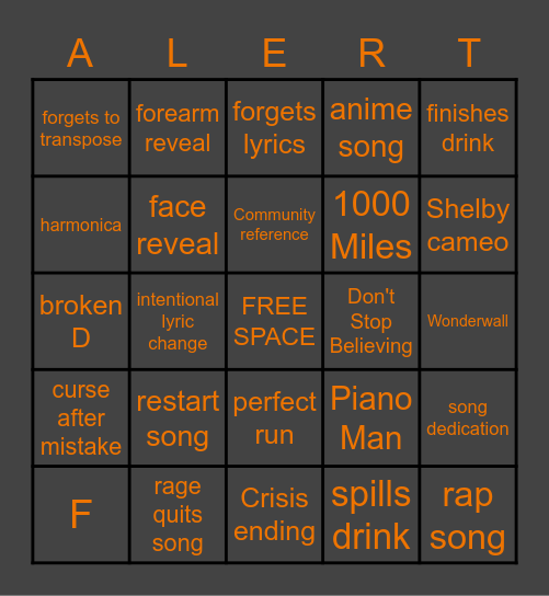 Crisis Birthday Concert Bingo Card