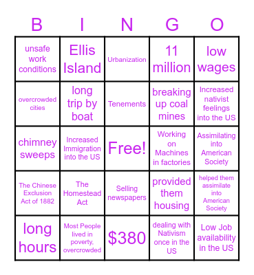 Gilded Age Bingo Card