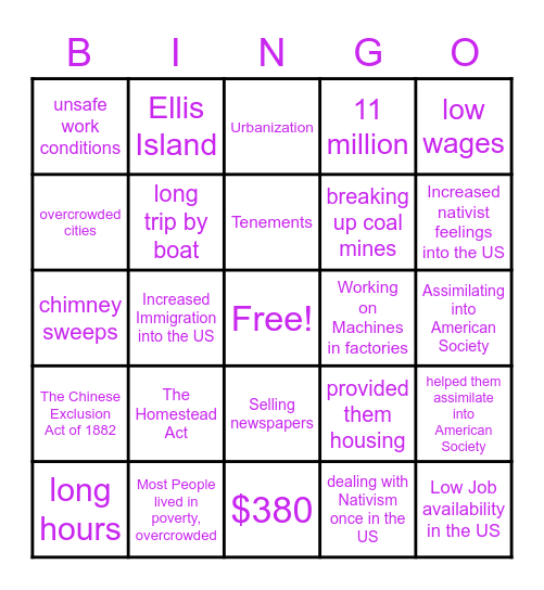 Gilded Age Bingo Card
