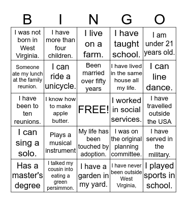 Haslacker Reunion Bingo Card
