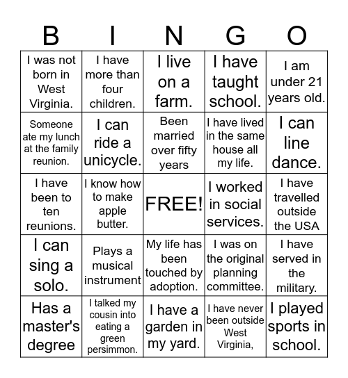 Haslacker Reunion Bingo Card