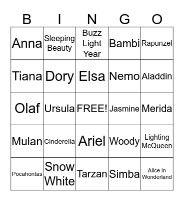 Disney Characters Bingo Card