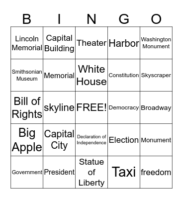 New York/ D.C. Bingo Card