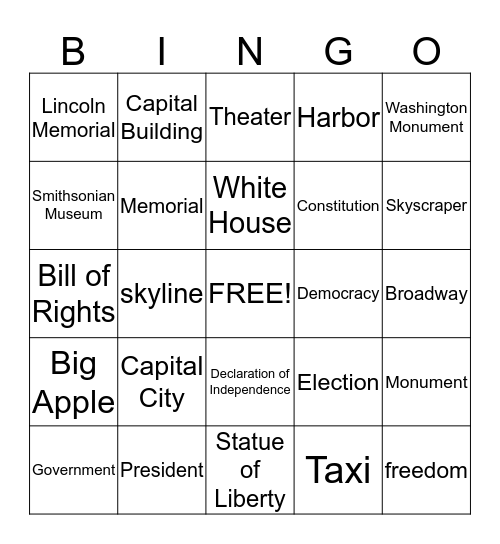 New York/ D.C. Bingo Card