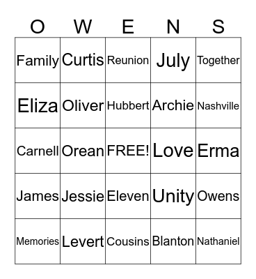 Archie & Jessie Owens Family Reunion Bingo Card