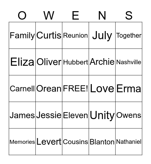 Archie & Jessie Owens Family Reunion Bingo Card