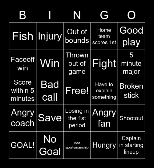UNO Hockey Bingo Card
