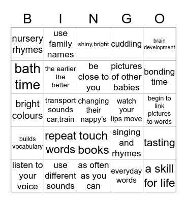 Benefits of Reading from Birth Bingo Card