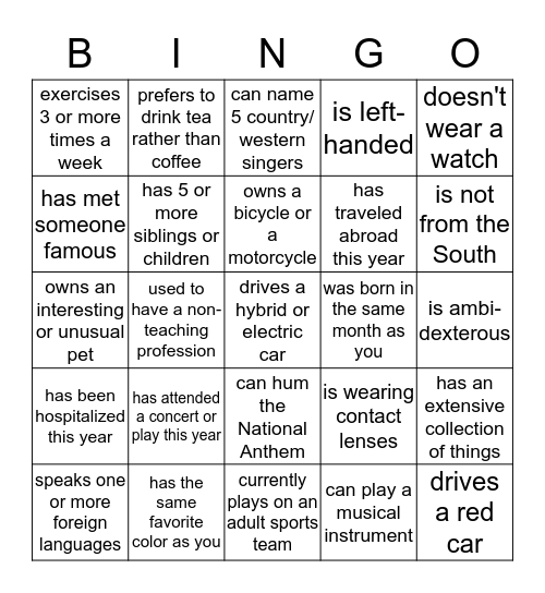 Getting to Know You Better Bingo Card