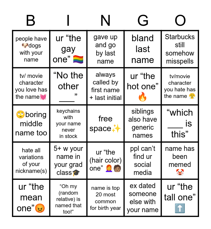 Common Name Bingo Card