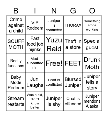 Juniper Judgment Bingo Card