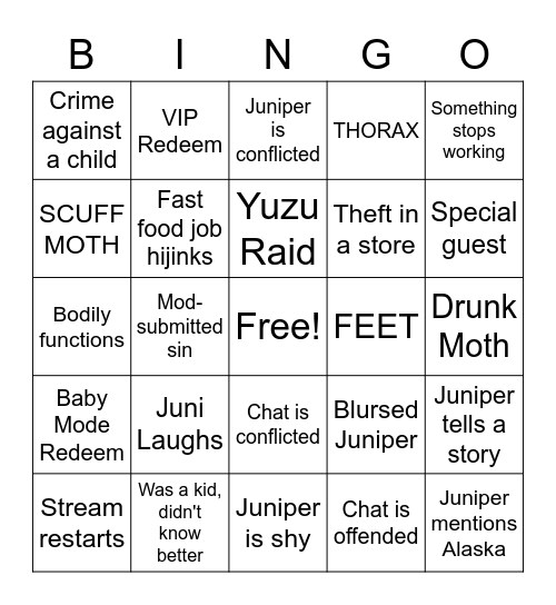 Juniper Judgment Bingo Card