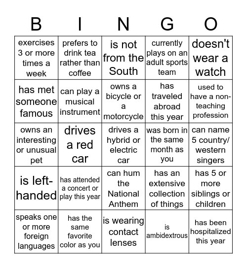 Getting to Know You Better Bingo Card