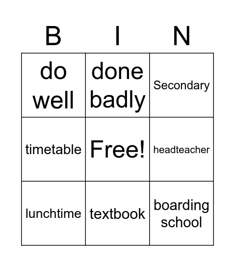 School vocabulary Bingo Card