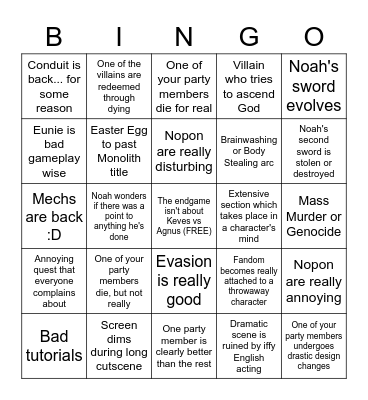 Xenoblade 3 Bingo Card