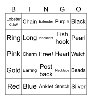 Jewelry Bingo Card
