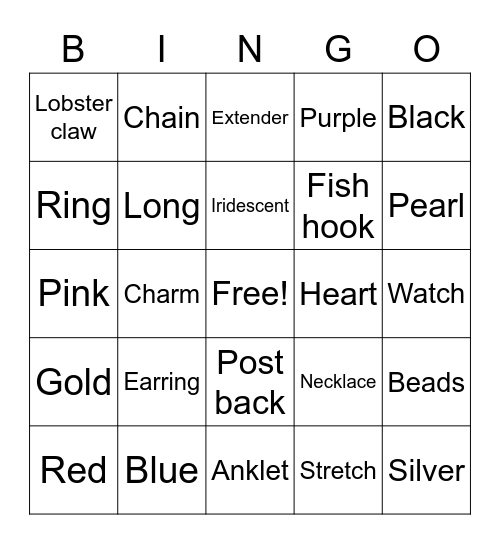 Jewelry Bingo Card