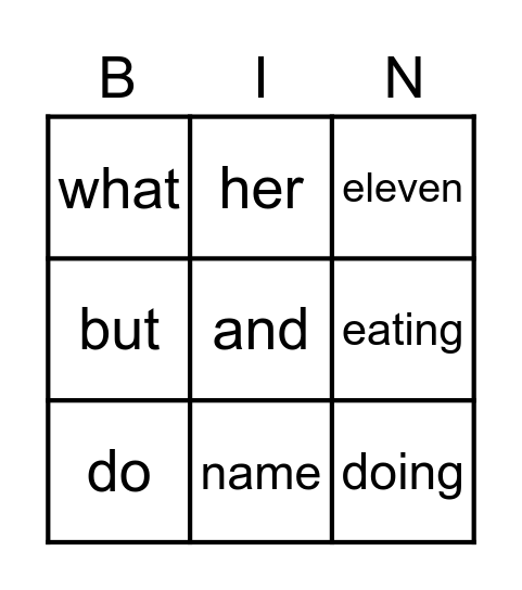 sight words Bingo Card
