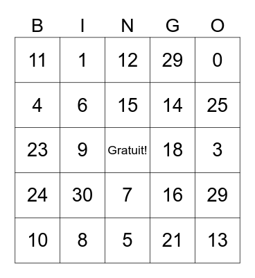 French numbers 1-30 Bingo Card