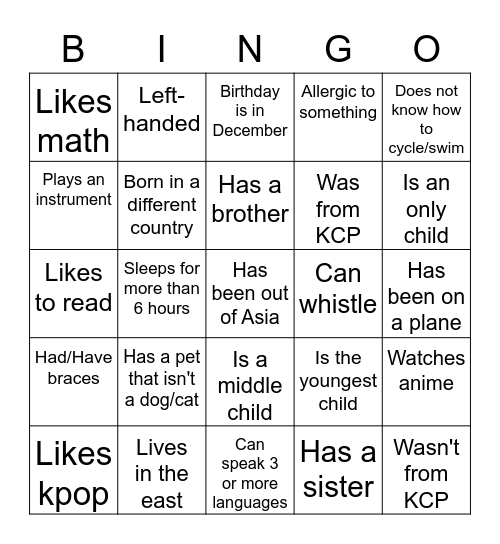 305 class bingo Card