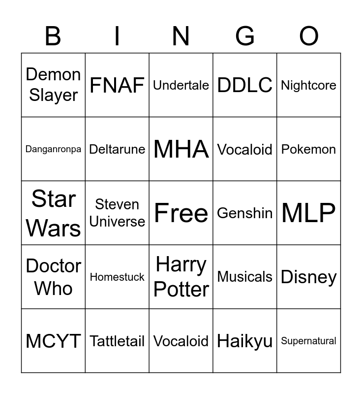 Fandom Bingo!!! Bingo Card