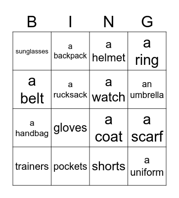 Clothes and Accessories Bingo Card