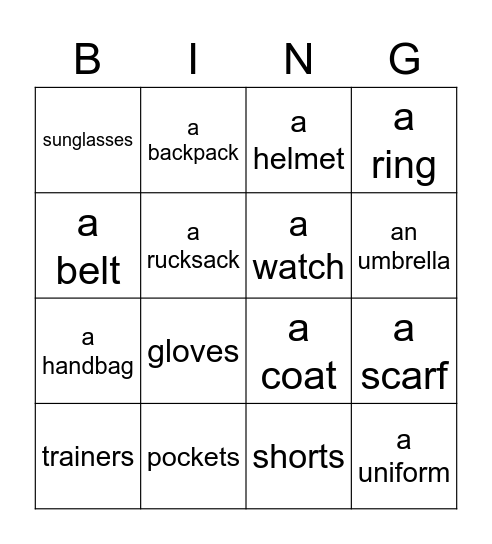 Clothes and Accessories Bingo Card