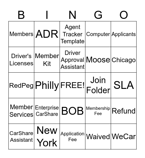 Enterprise CarShare Bingo Card