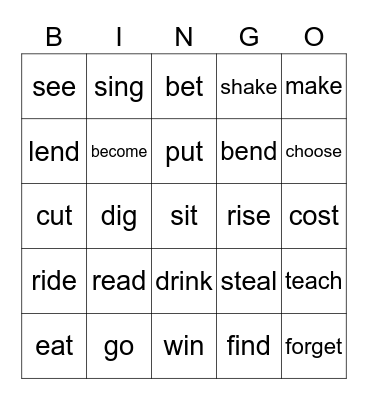 Irregular verbs (past tense) Bingo Card