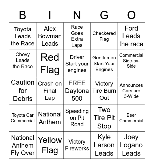 Daytona 500 Bingo Card