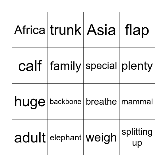 Elephant Bingo Card