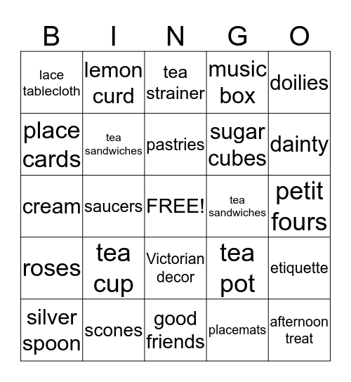 A Tea Party Bingo  Bingo Card